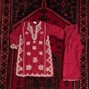 Red Embroidered Kurta Set